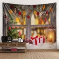 Christmas tapestry with rustic window snow scene, gift boxes, and vintage oil lamp - Style 6-Night Window Light