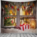 Tapiz de Navidad con escena de nieve en la ventana y faroles para decoración de cuarto - Estilo 2-Chimenea y Linterna Acogedor / 150x130cm