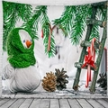 Detailed view of Christmas tapestry with creative snowman, pine branches and wooden ladder - Style 5 (Knitted Snowman & Ladder)