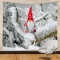 Detail of Christmas wall tapestry featuring a cute winter gnome with gift boxes on snow - Christmas Gonk Dwarf