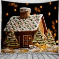 Tapiz de pared navideño con casa de jengibre y árboles nevados para decoración hogar - 150x130cm / Casa de Luz Bokeh(Estilo 4)