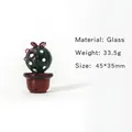 Miniature dark green glass cactus figurine with pink flower and reddish pot, 45x35mm - Cactus Style 3