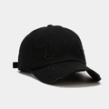 Detailed view of distressed holes and cotton fabric texture on a black vintage baseball cap - Black