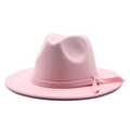 Elegant wide brim pink wool fedora hat with matching ribbon and side bow detail - M (56-58cm) / Pink