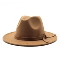 Classic dark camel wool wide brim fedora hat with matching ribbon for men and women - M (56-58cm) / Light Coffee