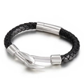 Pulsera para hombre de cuero trenzado negro con cierre de gancho en acero inoxidable - 21cm / Color Acero