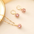 Golden necklace and earrings set with square pink crystal stones on a stylish tray - 2# Pink Set