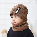 Winter men's knitted beanie and scarf set in tan brown with thick fleece lining - Kids Khaki Set