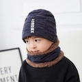 Kids navy blue knit beanie and neck warmer set with thick faux fleece lining - Kids Navy Blue Set