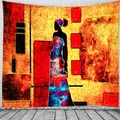 Ethnic African art tapestry featuring abstract female figures in vibrant orange and red tones - Abstract African Woman