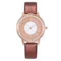 Elegant women's quartz watch with rose gold rhinestone bezel and brown textured strap - Dark Coffee