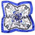 Royal blue satin square scarf with elegant equestrian motifs and silk-like sheen - Sapphire Blue