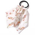 Elastic hair tie featuring a white floral chiffon ribbon and a black durable band - White Base Pink Yellow Floral
