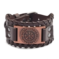 Men's wide brown leather bracelet featuring a bronze Viking Vegvisir compass charm - PU Leather/Alloy / PU Leather Antique Copper