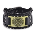 Men's wide black braided leather bracelet with brass Vegvisir Viking compass charm - Cowhide/Alloy / Genuine Leather Antique Bronze