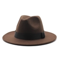 Detailed view of dark brown wool fedora hat with flat brim and black ribbon band - Dark Coffee