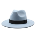 Classic light blue felt fedora hat with black decorative ribbon band on white background - Sky Blue