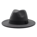Detailed side view of dark grey wool fedora hat with a black grosgrain ribbon band - Dark Gray