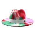 Tie-dye wool fedora hat with flat brim and metal M detail on white background - M (56-58cm) / Bright Red #2