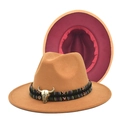 Detail of wool fedora hat with bull head buckle and ethnic woven band on the brim - M (56-58cm) / Camel + Wine Red