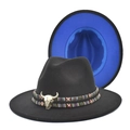 Detail of western fedora hat featuring a bull head metal ornament and blue brim lining - M (56-58cm) / Black + Royal Blue