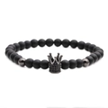 6mm matte black stone beaded bracelet with a dark gray metal crown charm for men - Crown Style / Black