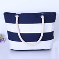 Minimalist blue and white striped canvas bag with thick rope handles for beach use - Navy Blue and White