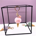 Cute plush ice cream cone keychain with colorful fur balls and golden metal ring - Pink