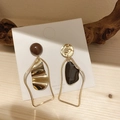 Close-up of S925 silver needle earrings with brown bead and black enamel drip on white card - 5 Silver Needle - Gold