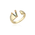 Detail of 18K gold letter V open ring with micro-set rainbow colored gemstones - Adjustable Open / Letter V