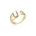 Detail of 18K gold plated U-shaped open ring featuring vibrant micro-set colorful gemstones - Adjustable Open / Letter U
