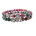 Bohemian double layer bracelet set with owl charm, natural lava and agate stone beads - Tourmaline Agate