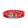 Double layer owl charm bracelet with red turquoise beads and vintage metal tube - Red Howlite