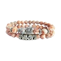 Double-layered owl charm bracelet with natural stone beads and vintage silver accents - Red Network Stone