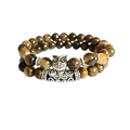 Double-layered tiger eye stone bead bracelet with retro silver owl and metal tube - Tiger's Eye