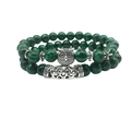 Malachite bead bracelet set with silver owl charm and textured metal tube accents - Malachite