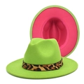 Dettaglio del cappello fedora bicolore verde neon e rosa con cinturino leopardato - M(56-58cm) / Verde Frutta + Rosso Rosa