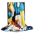 Blue and yellow abstract floral print satin square scarf with elegant hand-rolled edges - Graffiti Blue