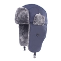 Navy blue winter trapper hat with grey faux fur lining and windproof waterproof shell - L (58-60cm) / Navy Blue
