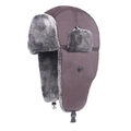 Dark brown windproof trapper hat with thick grey faux fur lining and buckle strap - L (58-60cm) / Coffee