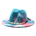 Tie-dye wool fedora hat in blue and pink with pearl band and flat brim for men and women - M (56-58cm) / Lake Blue #3