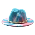 Cappello fedora in lana tie-dye rosa e blu con cordino dorato e catena in metallo - M (56-58cm) / Blu Lago #3