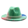 Tie-dye wool felt fedora hat in blue and pink with elegant pearl band decoration - Apple Green Tie-dye