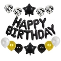 Black Happy Birthday balloon set with gold and polka dot latex balloons in a full kit - Black