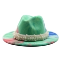 Tie-dye wool fedora hat with faux pearl band decoration in pink, blue, and green colors - M (56-58cm) / Apple Green #5