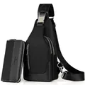 Men's black Oxford fabric chest bag and long zipper wallet set with metal hardware - Chest Bag + Wallet Set / Large / Black