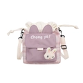 Cute cartoon canvas bucket bag in pink and purple with plush bunny ears and strap - Plaid Style / Purple