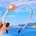 Macro view of handmade pearl headband featuring a large frosted orange bead flower - 5# Red Little Daisy Pearl Headband