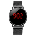 Minimalist black LED digital watch with Milanese magnetic steel band and red display - Black