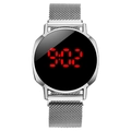 Silver stainless steel LED touch screen watch with black round dial and mesh strap - Silver